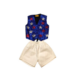 Red white blue sequins star vest/white shorts outfit